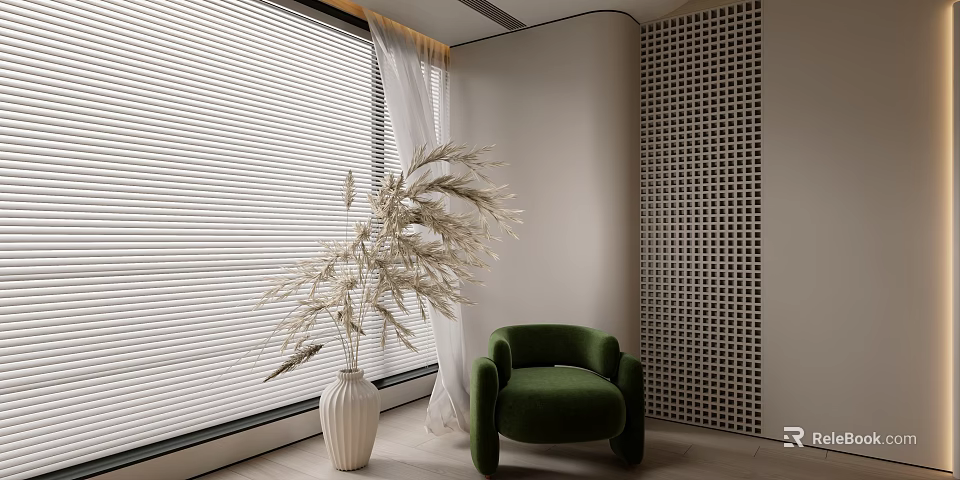 Modern Bedroom Interior With Green Armchair Pampas Grass Window Blinds And Mosaic Wall 3d model 