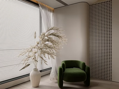 Modern Bedroom Interior With Green Armchair Pampas Grass Window Blinds And Mosaic Wall 3d model