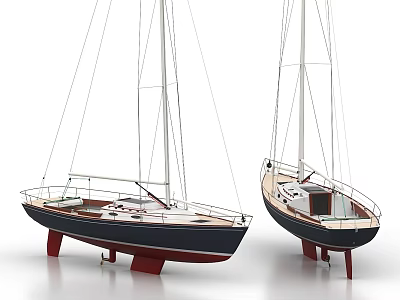 Two Model Sailboats with Masts Deck and Red Hulls on White Background 3d model