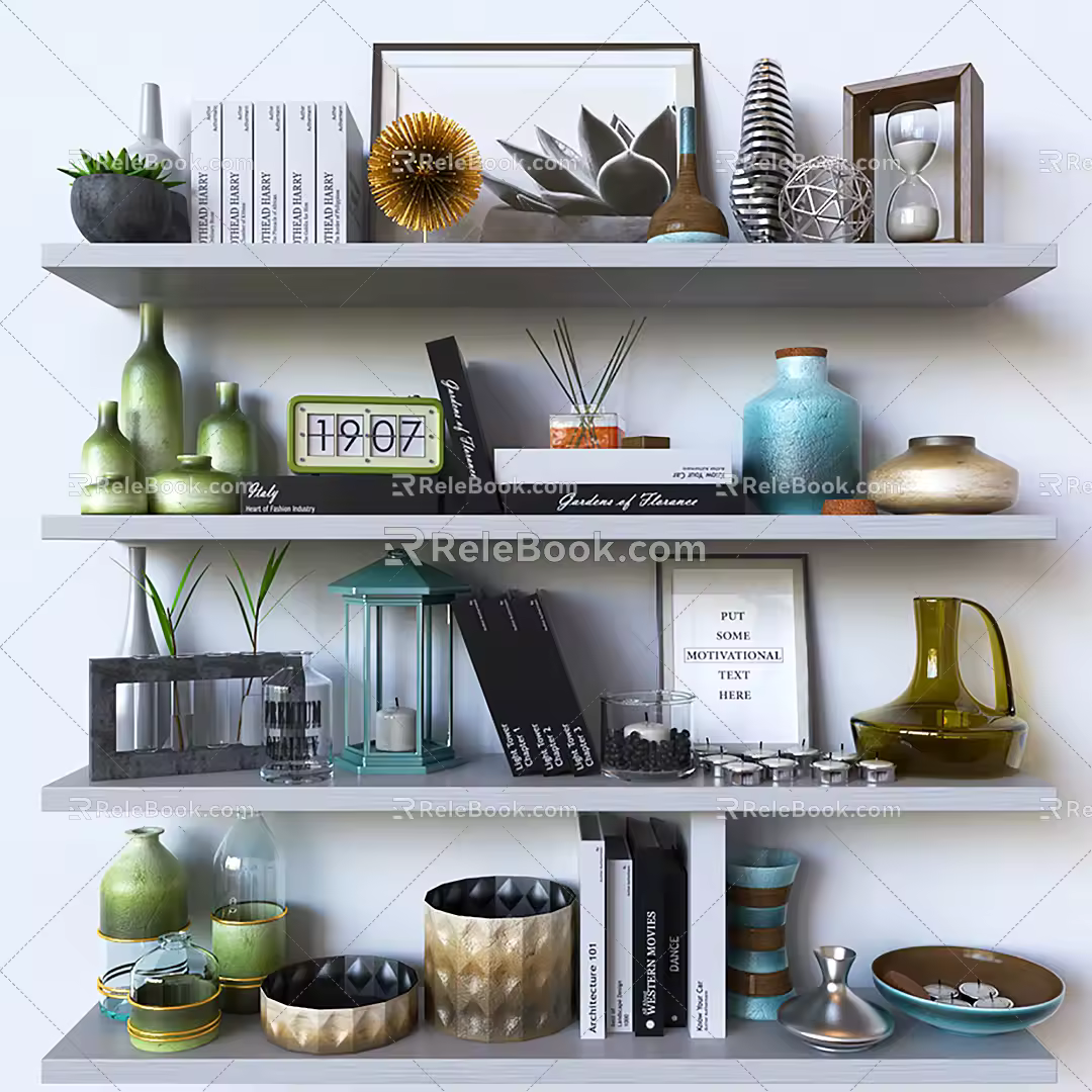 Modern wall shelf bookshelf decoration combination 3d model