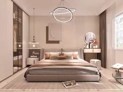 Modern Bedroom Interior With Upholstered Bed Circular Pendant Light Decorative Mirror And Area Rug 3d model