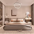 Modern Bedroom Interior With Upholstered Bed Circular Pendant Light Decorative Mirror And Area Rug