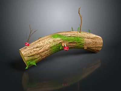 Natural Wooden Log Featuring Bark Texture Green Moss Red Mushrooms And Small Twigs 3d model