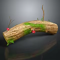 Natural Wooden Log Featuring Bark Texture Green Moss Red Mushrooms And Small Twigs