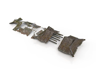 Traditional Architecture Roof Model with Brown Tiles and Wooden Beam Assembled Components 3d model
