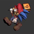 Game Character With Red Hat M Logo Blue Spiky Hair Holding Cube With Lightning Symbol