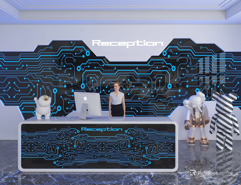 Modern Reception Background Wall With Blue Circuit Board Pattern Reception Text And Computer On Desk 3d model 