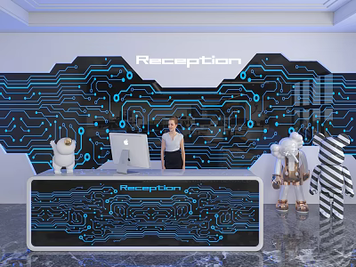 Modern Reception Background Wall With Blue Circuit Board Pattern Reception Text And Computer On Desk 3d model