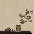 Ceramic Vase with Dried Flowers and Nuts on Tabletop Against Warm Wall