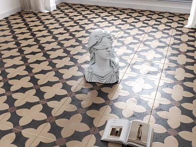 Black And White Floral Pattern Floor Tiles With White Statue And Open Book 3d model