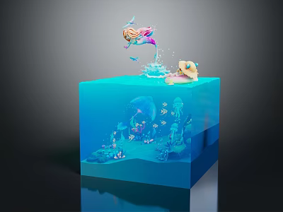 Mermaid Game Movie Character in Blue Cube Underwater World with Coral Fish and Shell 3d model