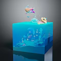 Mermaid Game Movie Character in Blue Cube Underwater World with Coral Fish and Shell