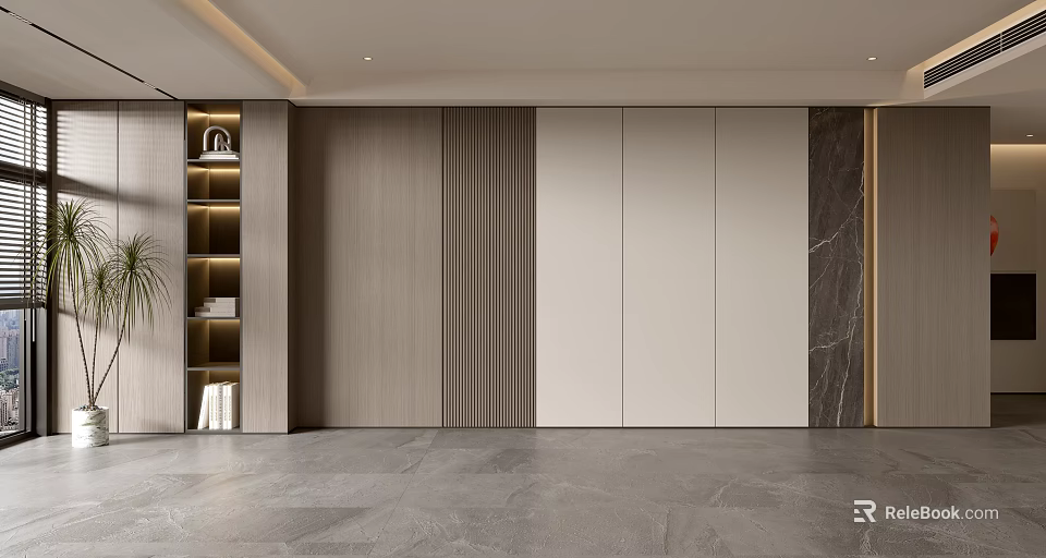 Modern Living Room Sofa Background Wall With Wooden Slats White Panels And Marble Accents 3d model 