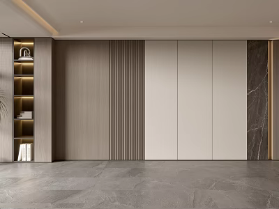 Modern Living Room Sofa Background Wall With Wooden Slats White Panels And Marble Accents 3d model