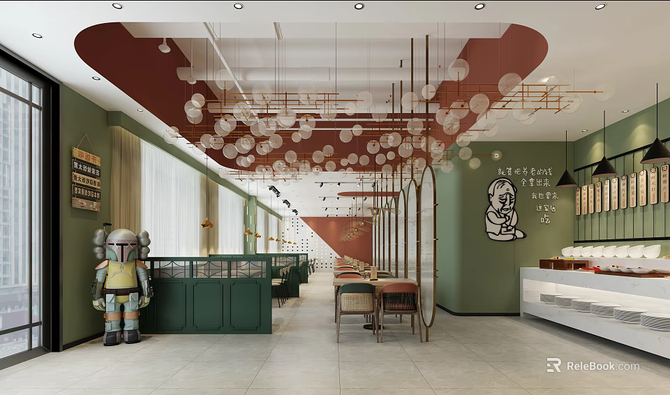 Modern Restaurant Interior With Green Walls Red Curved Ceiling And Transparent Spherical Pendant Lights 3d model 