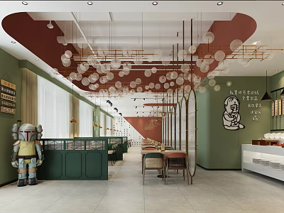Modern Restaurant Interior With Green Walls Red Curved Ceiling And Transparent Spherical Pendant Lights 3d model