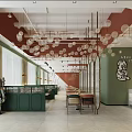 Modern Restaurant Interior With Green Walls Red Curved Ceiling And Transparent Spherical Pendant Lights