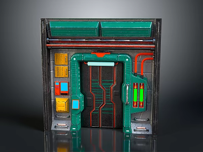 Futuristic Sci-Fi Door Structure With Green Frame Red Accents Yellow Panels And Black Body 3d model