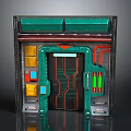 Futuristic Sci-Fi Door Structure With Green Frame Red Accents Yellow Panels And Black Body