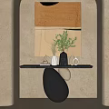 Decorative Ornament Set With Black Shelf Green Plant Vases Mugs And Sculptural Artwork