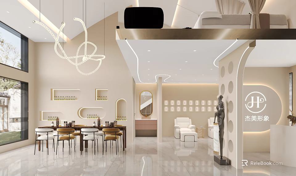 Modern Beauty Salon Interior Design With Elegant Reception Area Comfortable Seating And Decorative Chandeliers 3d model 