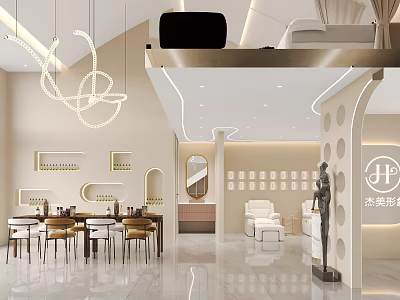 Modern Beauty Salon Interior Design With Elegant Reception Area Comfortable Seating And Decorative Chandeliers 3d model