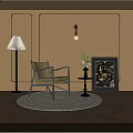 Elegant Beige Accent Chair With Black Frame On Patterned Rug By Floor Lamp Side Table And Wall Sconce
