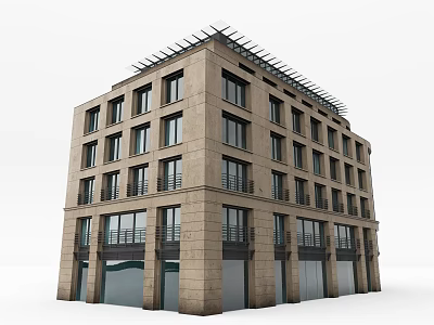 Multi Story Office Building With Stone Exterior Large Windows Glass Doors And Roof Grille 3d model