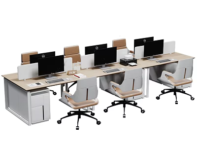 Modern Office Desk Setup With Multiple Workstations Computer Monitors And Ergonomic Chairs 3d model