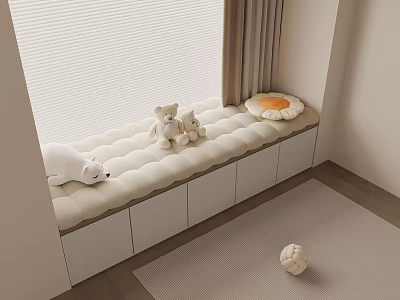 Cozy Window Bench With Stuffed Animals Cushioned Surface And Storage Drawers 3d model