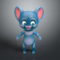 Cute 3D Blue Small Creature With Big Ears Green Eyes And Smiling Expression