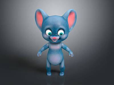 Cute 3D Blue Small Creature With Big Ears Green Eyes And Smiling Expression 3d model