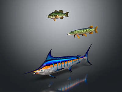 Vibrant Colorful Marine Fish Including Large Swordfish And Smaller Species 3d model