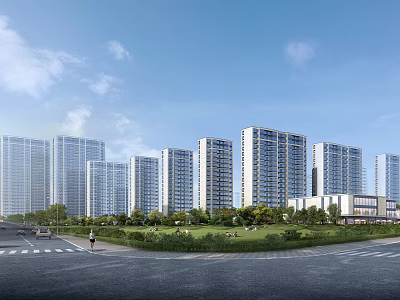 Modern High Rise Residential Buildings With Green Landscape And Surrounding Roads 3d model