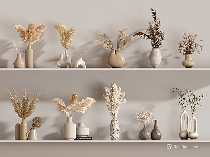 Various Shaped Decorative Vases With Dried Flowers On Neutral Shelves Home Decor 3d model 