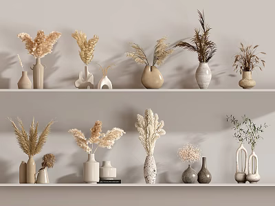Various Shaped Decorative Vases With Dried Flowers On Neutral Shelves Home Decor 3d model