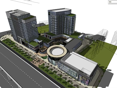 Modern Office Complex With Green Rooftops Central Plaza And Landscaped Areas 3d model