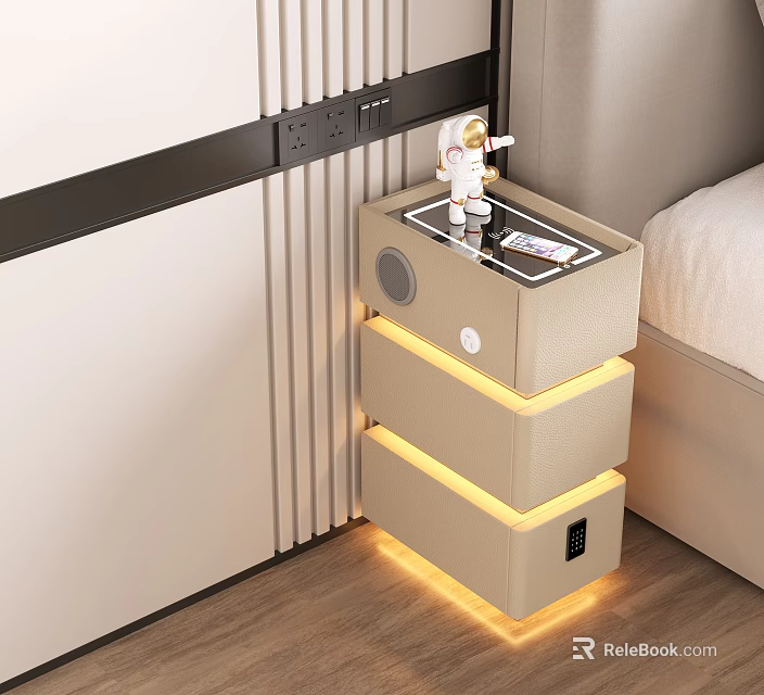 Modern Smart Nightstand With Wireless Charging Ambient LED Light Bluetooth Speaker And Large Storage Drawers 3d model 
