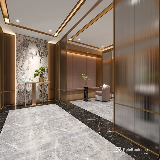 Luxurious SPA Sauna Interior With Marble Floors Gold Accents Textured Wall And Green Plants 3d model 