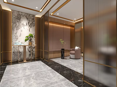 Luxurious SPA Sauna Interior With Marble Floors Gold Accents Textured Wall And Green Plants 3d model
