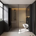 Modern Dark Tone Bathroom Interior With Terrazzo Double Sink Vanity And LED Backlit Mirror