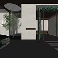 Luxury Parking Garage with Black Car Marble Walls Ceiling Light Green Plant and Shiny Floor