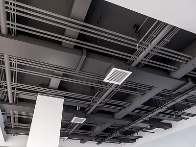 Industrial Style Ceiling Featuring Exposed Metal Pipes Metal Frames And Square Vents 3d model