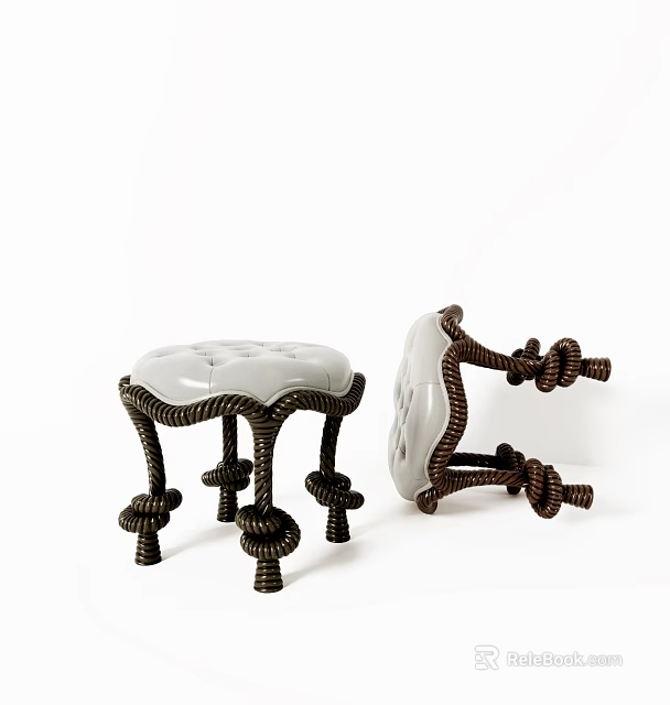 Handwoven Shoe Bench With White Padded Seat And Brown Rope Knot Legs 3d model 