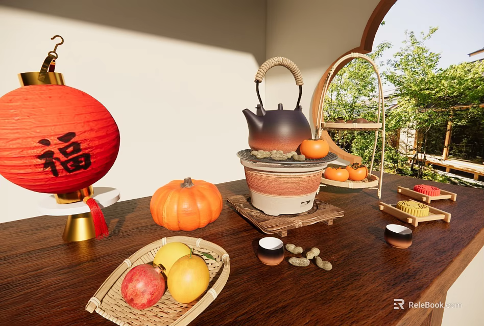 Traditional Chinese Tea Set with Natural Elements Fruits and Bamboo Tray on Wooden Table 3d model 