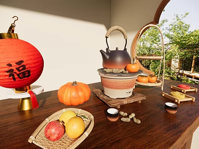 Traditional Chinese Tea Set with Natural Elements Fruits and Bamboo Tray on Wooden Table 3d model