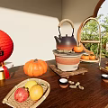 Traditional Chinese Tea Set with Natural Elements Fruits and Bamboo Tray on Wooden Table