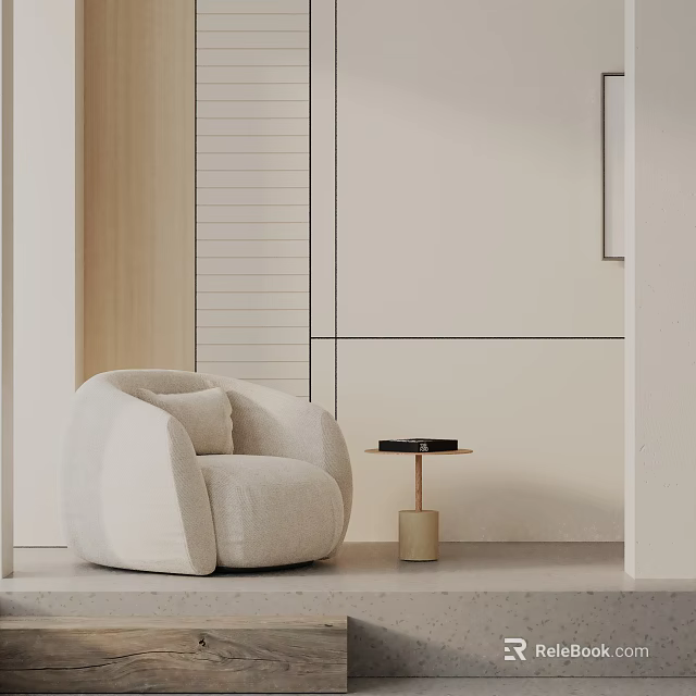 Beige Upholstered Lounge Chair With Rounded Design In Modern Minimalist Interior 3d model 