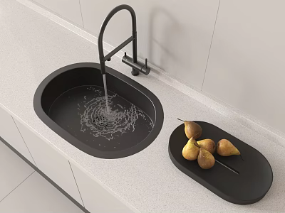 Black Kitchen Sink With Faucet Running Water On Modern Kitchen Counter With Fruit Tray 3d model