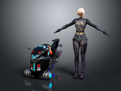 Futuristic Game Character With Blonde Short Hair Black Tight Outfit And Neon Lighted Vehicle 3d model